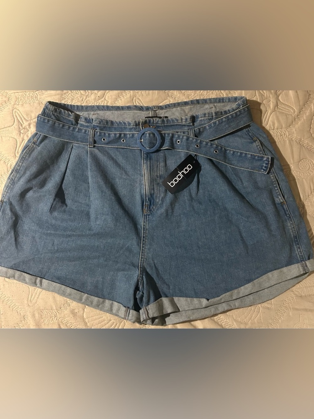 Boohoo Mid Blue Denim High-Waist Belted Shorts